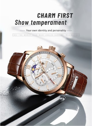 Waterproof Watches for Men Analog Quartz Watch for Business with Luxury Leather Strap Pure Black - view 2